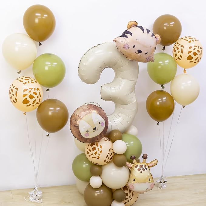 Jungle Safari Birthday Balloons, Animal Balloons Birthday Party Supplies for Safari Birthday Wedding Shower Party Decorations (Cream, Number 1)