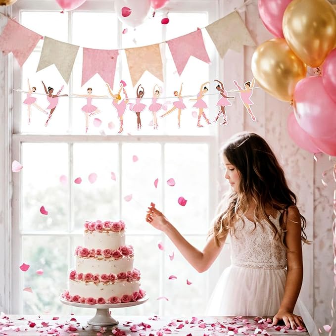 Hooqict Happy Birthday Banner Ballerina Birthday Party Decorations Ballerina Dancer Party Banner Garland Sign for Girls Women Pink Ballet Party Decorations Supplies