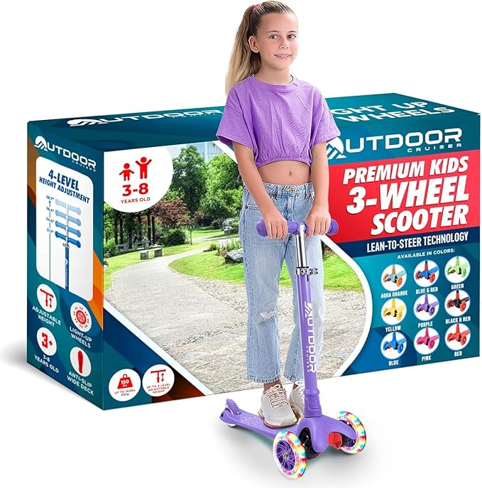 Outdoor Cruiser 3-wheel Kids Scooter – With Lean-to-steer Technology, Wide Deck, Led Lighted Wheel, 4-level Adjustable Height T-bar Handle, Support Kid Up to 150 Lbs, for Boys & Girls Ages 3-8, Purple