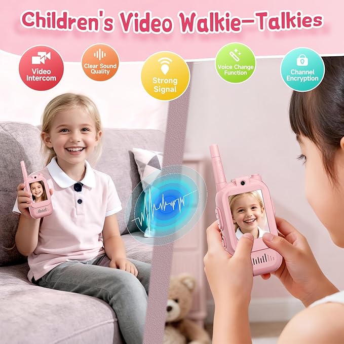 Video Walkie Talkies for Kids, Handheld 2 Pack Rechargeable Video Intercom Kids Walkies Talkies, Indoor Outdoor Toys for Family Games, Outside, Camping, Hiking for Boys Girls Ages 3-12 (Pink/Pink)