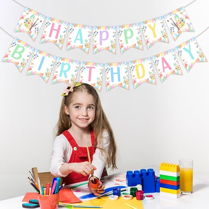 Art Party Decorations Girl Pastel Happy Birthday Banner Pre-Strung Macaron Crayon for Rainbow Painting Drawing Artist Theme Party Supplies