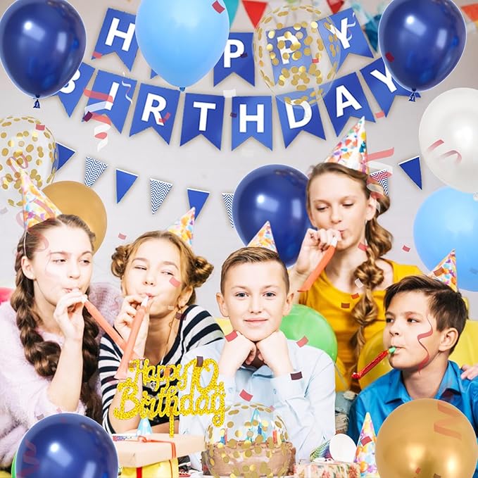 10th Birthday Decorations, Dark Happy Birthday Party Decorations With Number 10 Balloons Metallic Gold Pearl White Light Blue Fringe Curtain Banner Cake Topper For Boy Girl Party Supplies