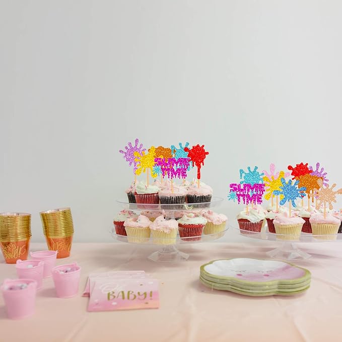 36 Pieces Glitter Slime Cupcake Toppers Colorful Painted Slime Cupcake Decorations for Slime Themed Birthday Party Art Themed Party Supplies