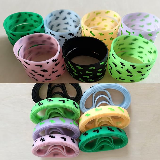 Pixel Party Favors,Miner Birthday Decorations,28 Pieces Glow in the Dark Silicone Bracelets,Birthday Party Supplies for Kids