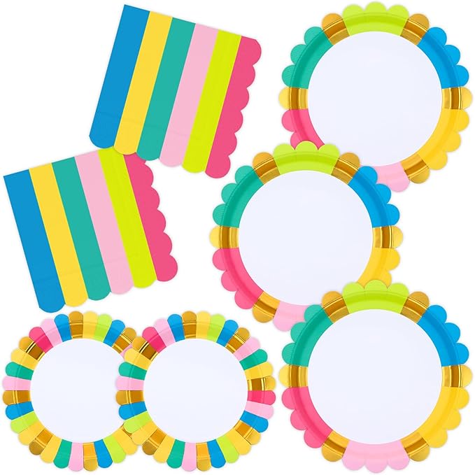 Birthday Party Supplies Disposable 9" Dinner Plates 7" Dessert Plates 6.5" Luncheon Napkins for Birthday Garden Party Afternoon Teas Baby Shower Wedding, Scalloped Edge, Serve 24