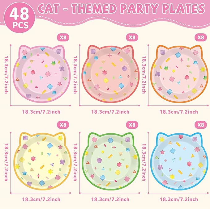 48Pcs Cat House Party Paper Plates Kitten Shaped Disposable Dessert Plates Cat Birthday Party Decoration Cute House Tableware Kitten Themed Parties Favor for Kids Birthdays Baby Showers Supplies