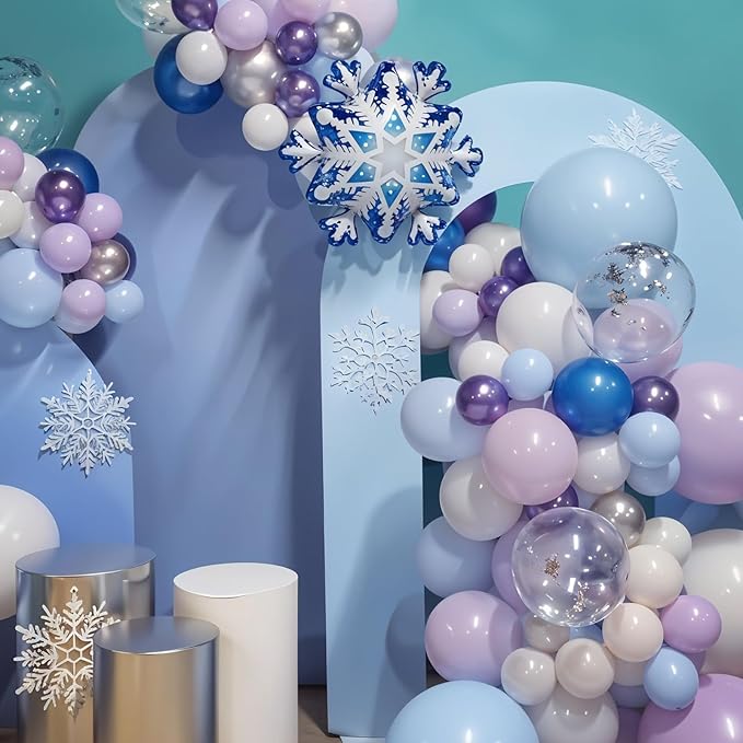 Frozen Balloons, Blue Silver Purple Clear Balloons with Snowflake Balloon for Winter Frozen Birthday Snow Party Baby Shower Wedding Backdrop Decorations
