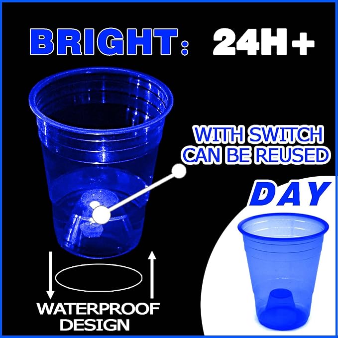 Glow in The Dark Blue Party Cups 40 Pack (16 oz) - LED Light Up Plastic Cups for Birthday Weddings Pool Parties Beach Decorations, Reusable Drinking Cups for Club Events & Nightlife Supplies