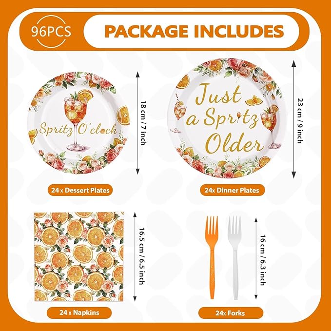 96 Pcs Spritz Party Decorations Just a Spritz Older Paper Plates and Napkins Orange Citrus Tableware Set for Cocktail Engagement Wedding Bachelorette Birthday Party Supplies