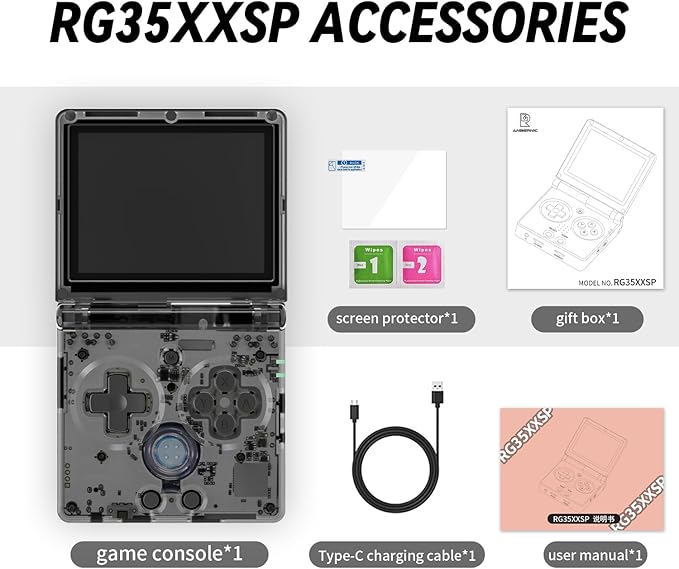 RG35XXSP Handheld Retro Game Console 3.5" IPS Screen 64GB TF Card with 5500+ Games, 3300mAH Battery Support WiFi Bluetooth HD(Black Transparent)