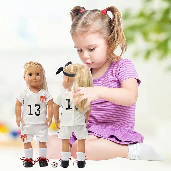 18 inch American Doll Clothing Accessories, USA Team Girls Soccer, Basketball, Tennis Clothing Sets, Doll Ball Sports Clothes, Dolls are not Included (Doll Soccer Clothes)