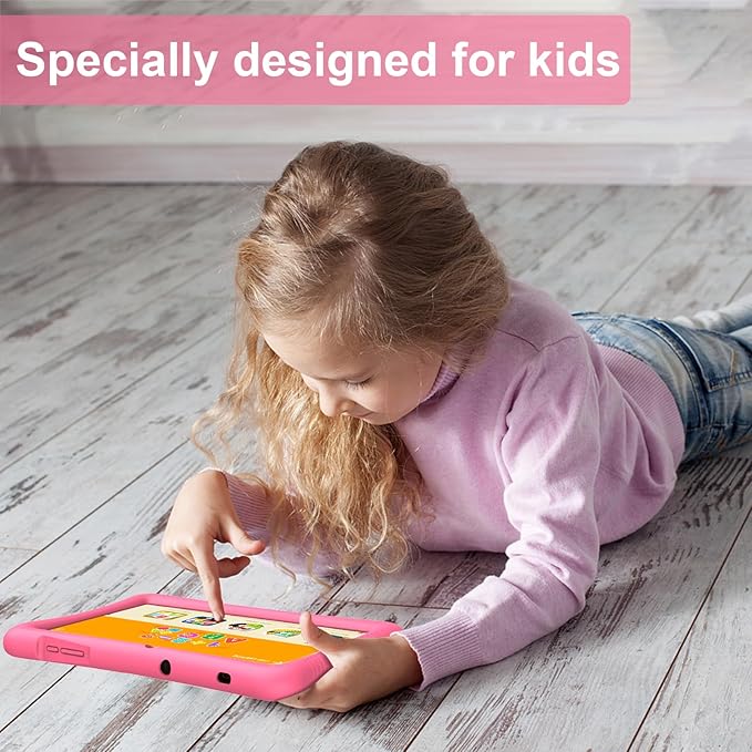 Kids Tablet 10 inch Android 13 with Shockproof Case, Quad-Core 32GB, 512GB Expandable, Parental Control, Pre-Installed Apps, 6000mAh Battery, Gifts for 3-12 Year Olds（Pink）