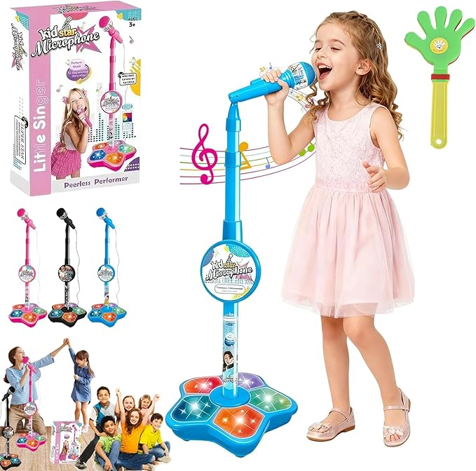 The All-in-One Microphone Toy, Kids Microphone with Stand, Adjustable Stand, Speaker & LED Lights, Funny Karaoke Microphones Toy for Singing, Boys & Girls (Blue)