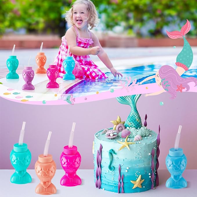 Sliner Mermaid Tumblers with Lids and Straws, Mermai Cups Favors Summer Plastic Sipper Cups for Kids Mermai Birthday Party Gifts Supplies Decorations(24 Pcs, Mermaid)