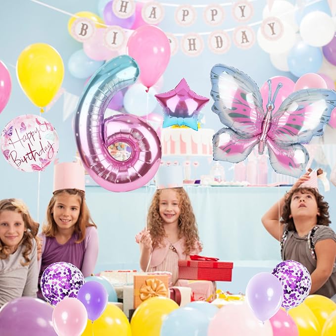 Butterfly Balloons 6th Birthday Decorations Gradient Pink Purple Colorful Butterfly Foil Mylar Balloons Large Big Number 6 Balloons for Girls 6 Years Old Birthday Party Supplies Decor