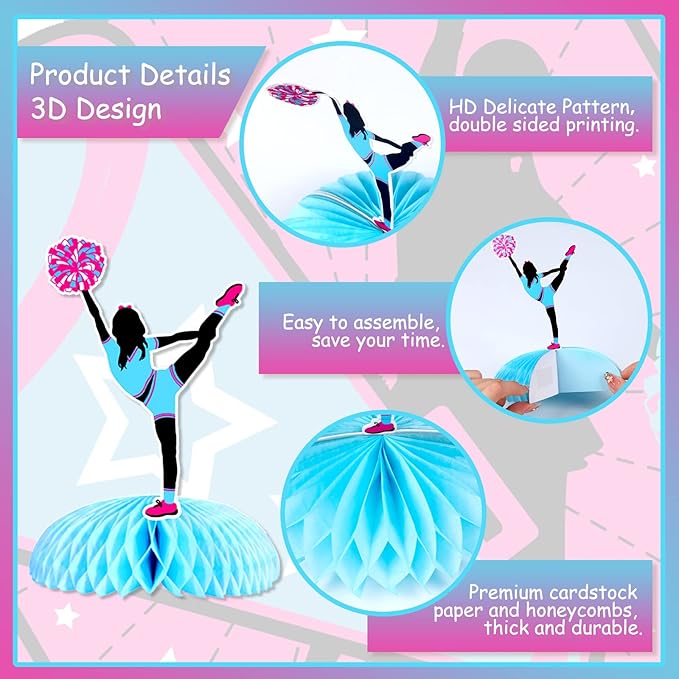 JOYMEMO 8 Pieces Cheerleading Honeycomb Centerpieces Hot Pink Blue - Cheerleading Themed Party Decorations Rose Red, Cheerleader Table Decor for Cheer Gymnastics Birthday Party Supplies