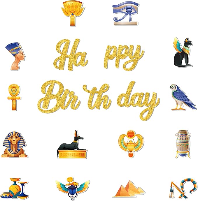 CC HOME 3Pcs Ancient Egyptian Happy Birthday Banner Pharaoh Party Hanging Banner Mythology Theme Birthday Bridal Wedding Baby Shower Boys Girls Kids Home Classroom Party Supplies Decoration