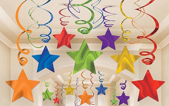 Rainbow Party Star Swirl,Foil Ceiling Hanging Swirl Decorations with Star, Whirls Decorations for Party, Pack of 36,Green Red Yellow Blue Purple Orange