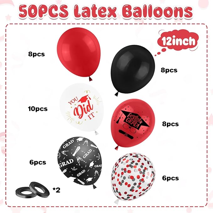 Graduation Party Decorations Balloons Set, 50PCS 12 Inch Black Red White Confetti Party Latex Balloon for Class Of 2025 Graduation Party Decoration Supplies