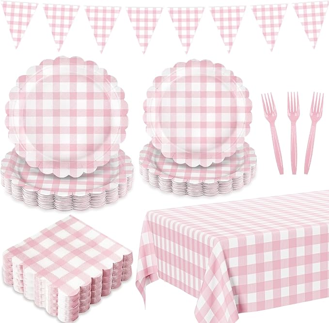 102 PCS Pink Gingham Party Supplies - Scalloped Plates, Napkins, Cups, Forks, Banner, Gingham Tablecloth for Baby Shower, Birthday, Pink Party Decorations, Serves 25