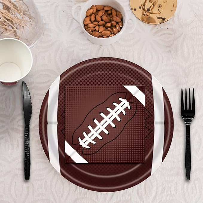 144Pcs Football Party Supplies Football Plates and Napkins Tableware Set Include Paper Plates Napkins Cups Forks for Rugby Game Touchdown Tailgate Party Decorations Serve 24 Guests