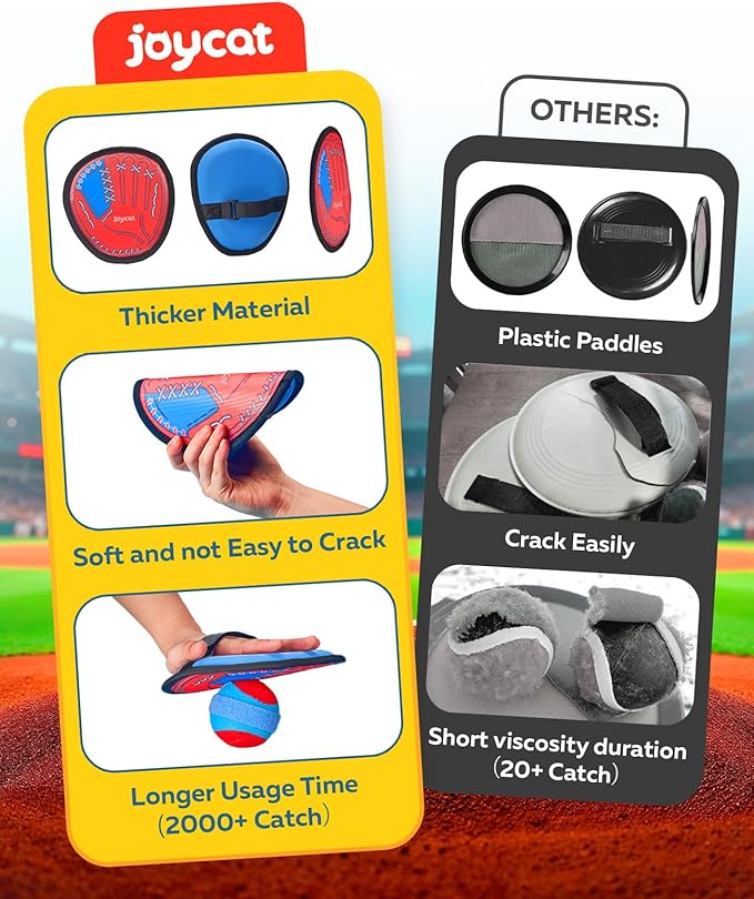 JoyCat Toss and Catch Ball Game for Kids, 4 Paddle Sticky Ball Set, Toddler Baseball Catch Toy, Outdoor Game for Beach, Yard&Camping, Family Sports Easter Basket Stuffer Gift for Boys Girls Ages 3-12
