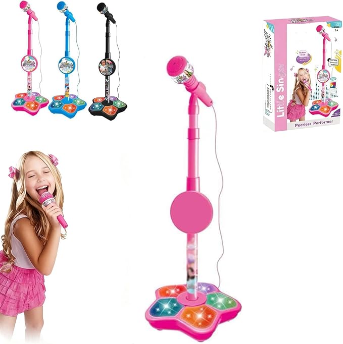 Karaoke Machine Toy with Light, Kids Karaoke Microphone with Stand, Adjustable Stand, Built-in Music, Colorful Lights, and Echo Effects, Birthday for Girls Boys (Pink)
