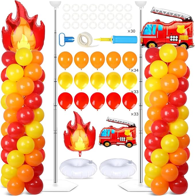 2 Sets Fire Party Balloon Column Stand Kit With 102 Fire Truck Foil Balloons 5.57Ft Adjustable Balloon Tower Stand With Base Adjustable Arch Column for Firefighter Rescue Birthday Party Supplies