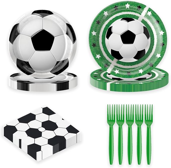 96Pcs Soccer Plates and Napkins Party Supplies- Sports Birthday Paper Plates Napkins Forks Dinnerware Soccer Ball Party Decor for Soccer Fans Baby Shower Boys Girls Birthday Gatherings Serves 24