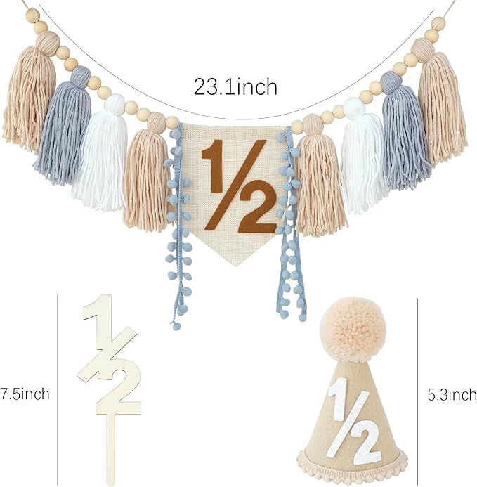 1/2 Birthday Decorations For Baby Boys 6 Months Khaki Cone Birthday Hat With Cake Topper Happy Half Year Party Photoshoot Props