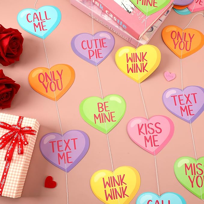 MARFOREVER 41Ft Valentines Day Candy Heart Garland, No DIY Conversation Heart Banner 5 Pcs Love Hanging Paper Banners for Valentine's Sweet Day Party Decorations Wedding Anniversary Birthday Supplies