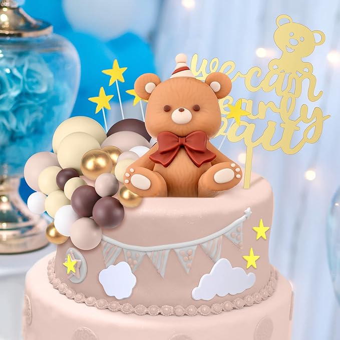 Yinder 54 Pcs Bear Cake Decoration Toppers for Baby Shower Decorations with Balls We Can Bearly Wait Happy Birthday Mini Bear Figurine Cake Party Birthday Supplies (Lovely)