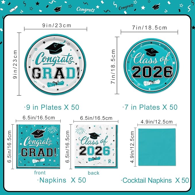 Graduation Teal Party Supplies Kit, Graduation Decorations 2026, Dinner Plates Dessert Plates and Napkins for Congrats Grad Party Decorations, Serves 50