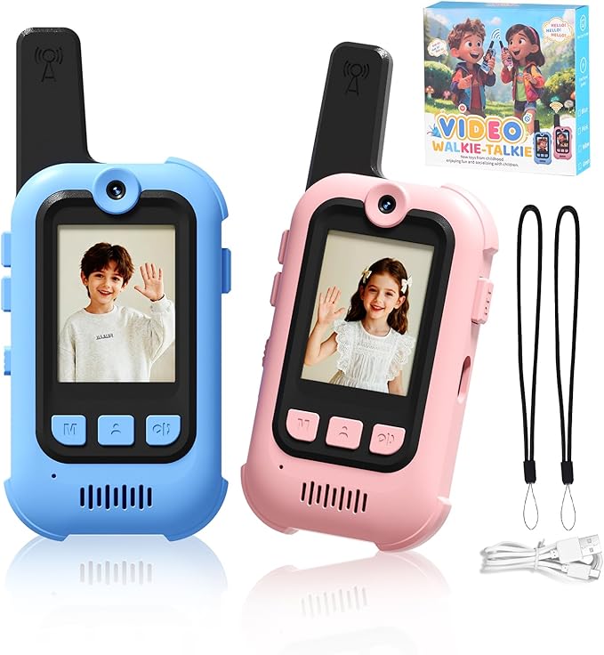 Video Walkie Talkies for Kids, 2 Pack Long Range Walkie Talkies with Screen & Voice Changer, Outdoor Toys for Boys Girls Ages 3-12, Family Games Birthday Gifts for Kids (Blue+Pink)