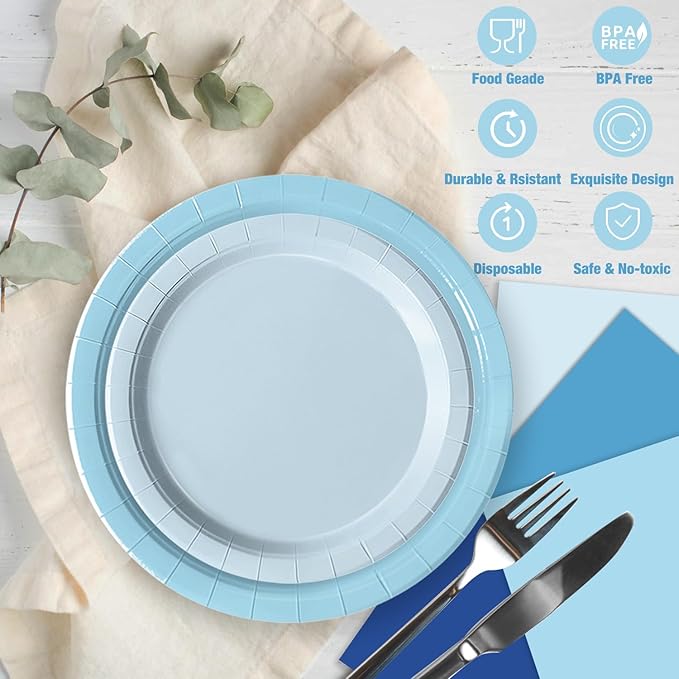 Oigco 150 PCS Blue Paper Plates, Light Blue Plates and Napkins Party Supplies for Wedding Baby Shower Bridal Party Supplies Tableware Decor, Serves 50