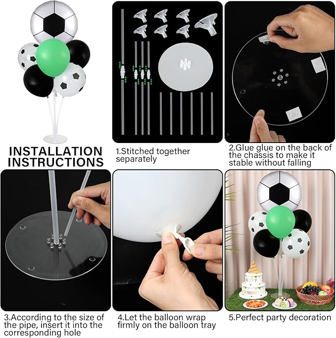 Soccer party Balloons Stand Kit 2 Sets with 2 Soccer Foil Balloons Green White Black Themed Centerpiece for Tables for Men Boys Football Game Sports Birthday Party Decorations