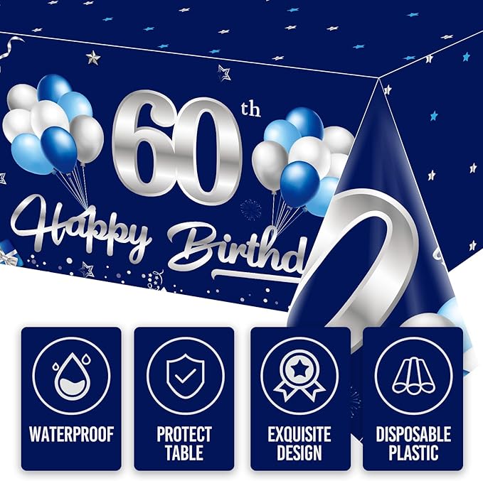 3 Pack Blue Silver 60th Birthday Tablecloth Decorations for Men, Navy Blue Happy 60 Table Cover Party Supplies, Sixty Years Old Birthday Disposable Table Cloth for Indoor Outdoor