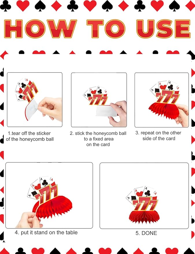 12Pcs Casino Theme Party Decorations, Casino Centerpieces for Tables 3D Red Black Honeycomb Centerpieces Topper Poker for Las Vegas Themed Birthday Game Night Casino Poker Party Supplies
