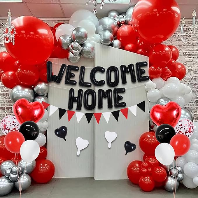 TONIFUL Welcome Home Decorations,16Inch Black Welcome Home Foil Balloon Banner Red Black Confetti Balloons Pennant Flag Bunting for Homecoming Party House Warming Party Family Gathering Supplies