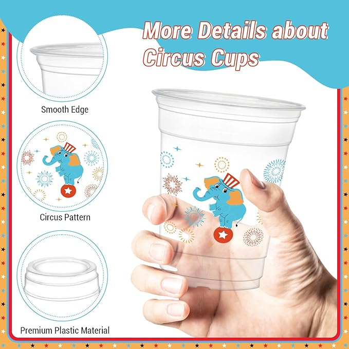 50Pcs Circus Cups, 12oz Circus Carnival Plastic Cups for Carnival Themed Party Favors Baby Shower Birthday Party Supplies Decorations