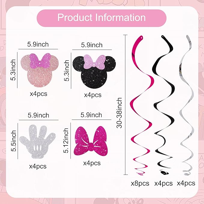 BEISHIDA 16 Pcs Mouse Hanging Swirl Decorations, Pre-Strung Mouse Birthday Party Decorations Pink and Black Mouse Theme Party Supplies for Kids