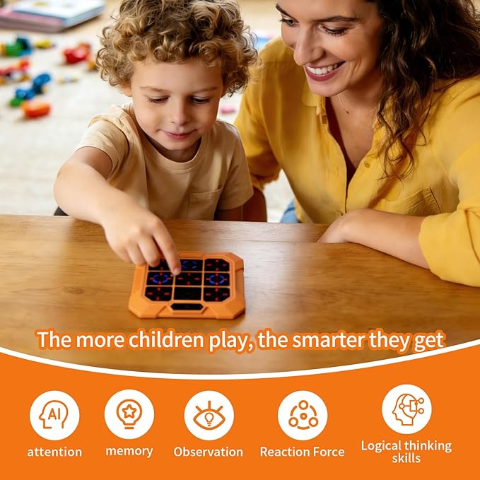 6-in-1 Rechargeable Electronic Tic-Tac-Toe Game, Portable Digital Travel Toy, Suitable for Children, Boys, Girls and Adults, Educational Memory Learning Toy for Ages 4 and Up (Orange)