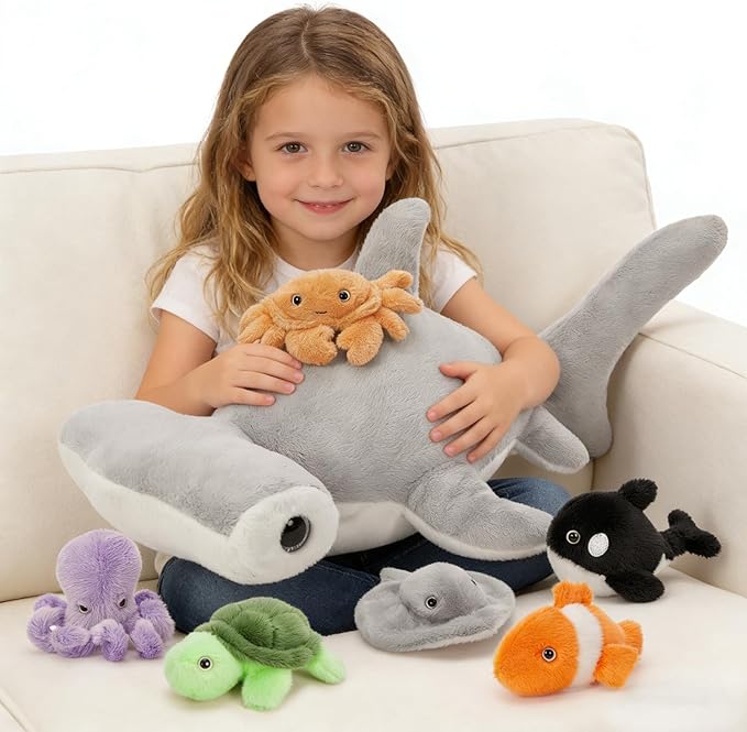 MaoGoLan 7 Pcs Soft Shark Stuffed Animal with 6 Sea Animal Plushies in Belly, Plush Hammerhead Shark Ocean Toys Set for Kids Girls Under The Sea Party Favor Decorations Gifts Christmas