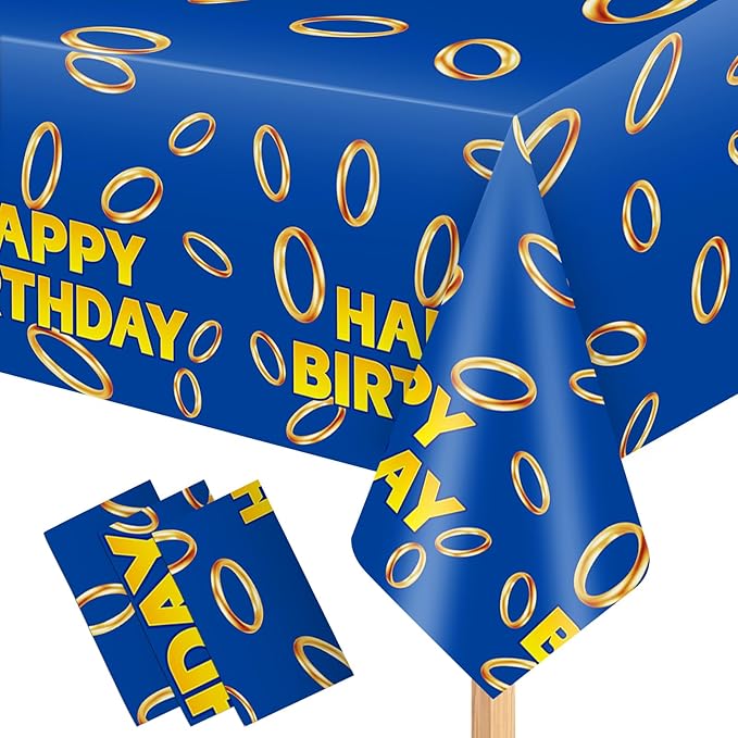 3 Pcs Blue with Gold Ring Print Plastic Tablecloth 108 x 51.2 Inches Table Cover Blue with Gold Ring Party Decor for Boys Girls Birthday Party Supplies