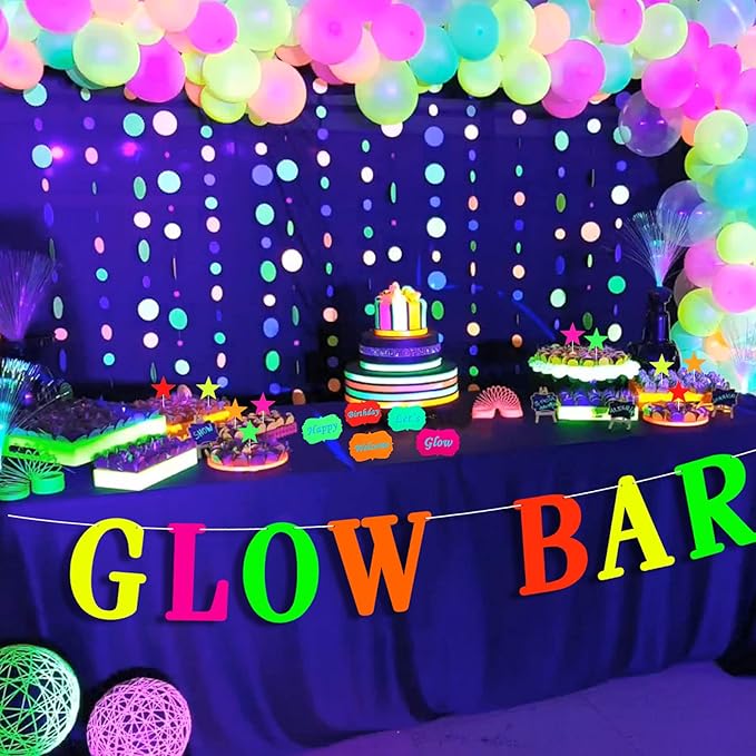Glow Neon Party Supplies Glow Bar Banner Fluorescent Balloons Yellow Happy Birthday Cake Toppers Star Cupcake Toppers Fluorescent Table Tent Cards for Birthday Party
