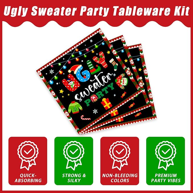 96Pcs Christmas Ugly Sweater Party Plates, Merry Christmas Party Decorations Supplies for Winter Holiday Xmas Family Gathering Birthday Party Disposable Tableware Set, Serves 24