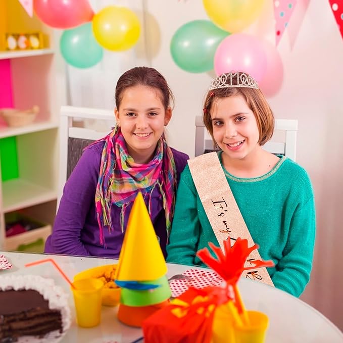 CIEHER 11th Birthday Crown + Sash + Pearl Pin Set, It's My Birthday Sash, 11th Birthday Tiara, Birthday Decorations & Gifts