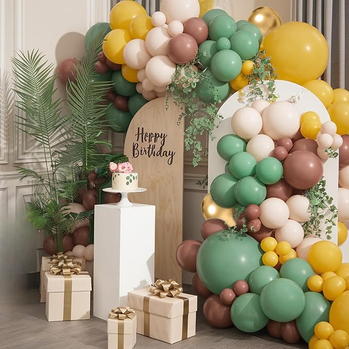 Sage Green Brown Balloons, 50Pcs 12 Inches Mustard Yellow Sand White Cartoon Balloons for Kids Boy Birthday Woodland Forest Party Decorations Baby Shower Cartoon Themed Party Supplies