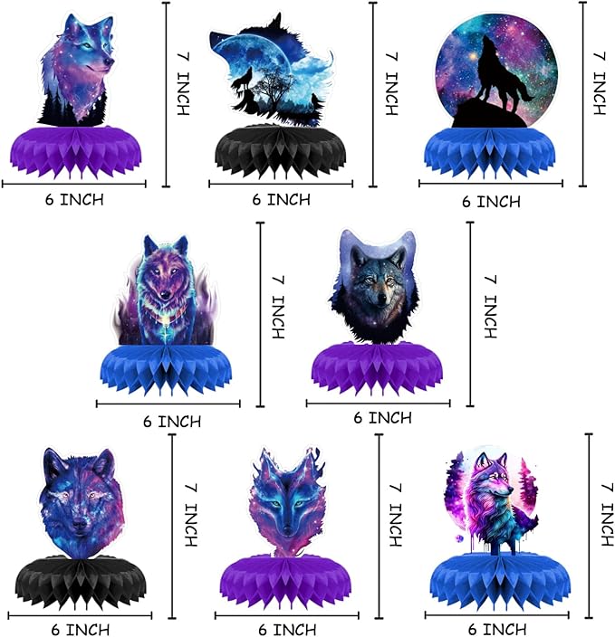 8 Pcs Galaxy Wolf Birthday Party Decoration, Starry Sky Wolf Theme Honeycomb Centerpieces 3D Double Sided Table Decorations, Animal Wolf Photo Booth Props for Kids Boys Girls Party Supplies