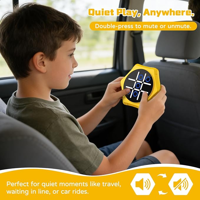 Tic Tac Toe Bolt Game,5 in 1 Handheld Puzzle Games Console,Electronic Tic Tac Toe Game for Educational&Memory,Portable Travel Games for Car Ride with Silent Mode,Toys Gift Idea for Kids&Family-Yellow